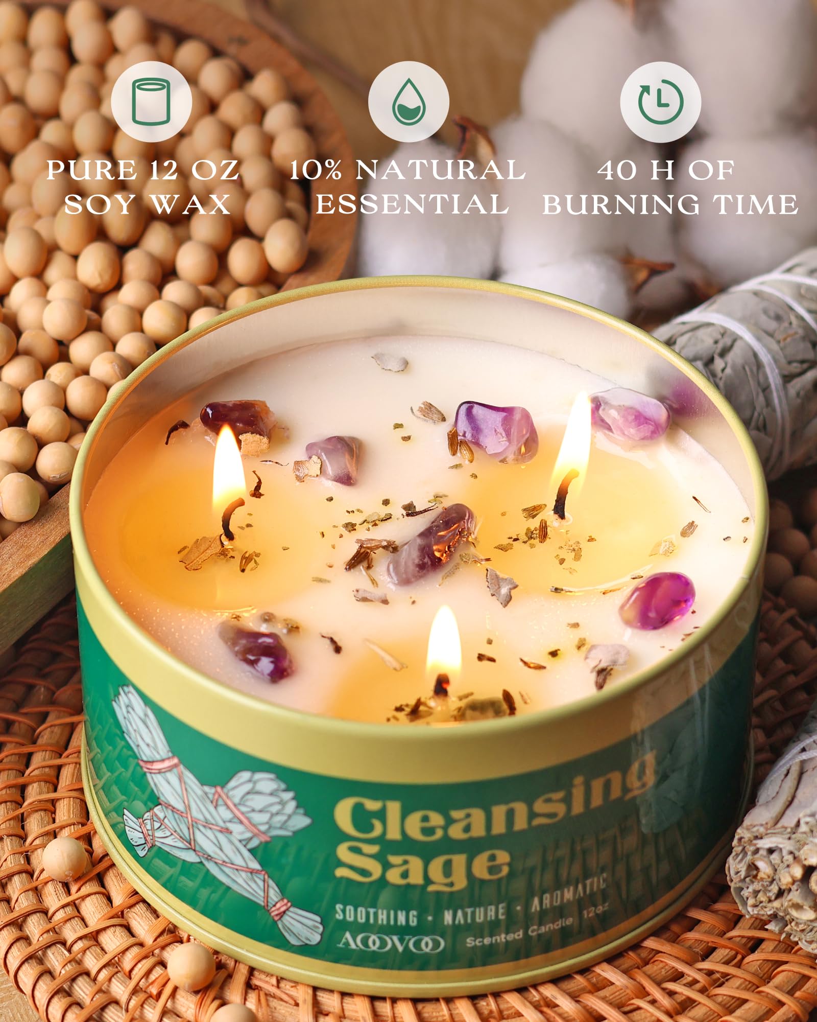 AOOVOO Sage Candle 12oz with dried sage leaves