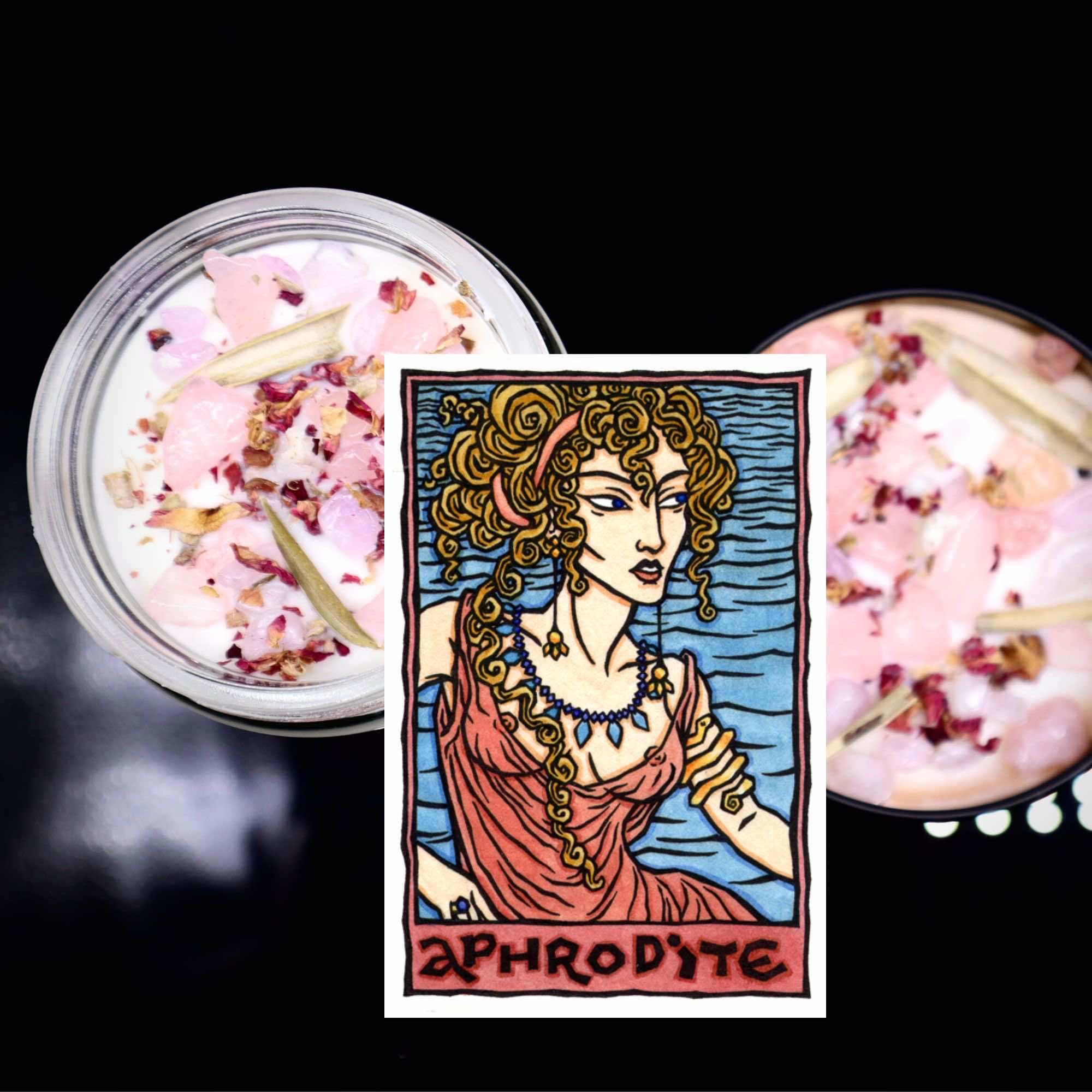 Aphrodite Venus crystal candle on altar for manifestation