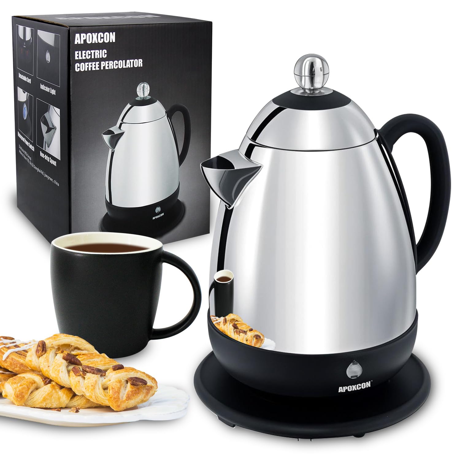 APOXCON electric coffee percolator with stainless steel body