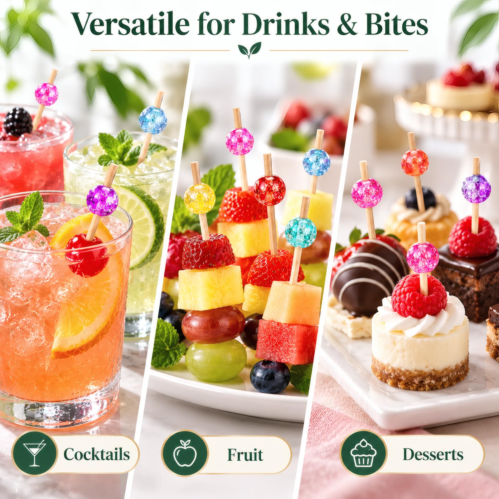 fruit and cheese skewers with color bead toppers