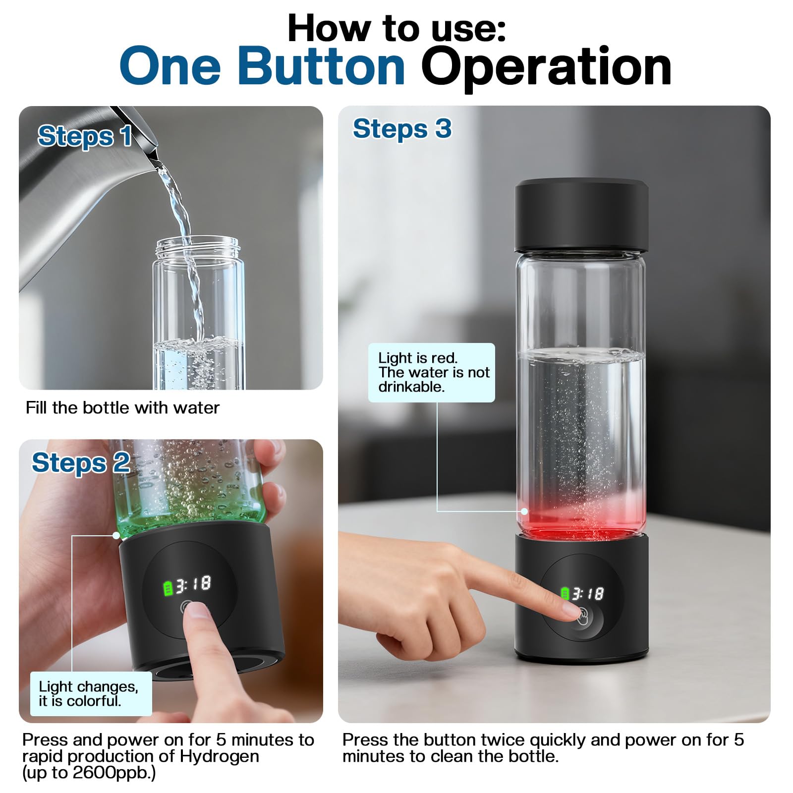 one button operation hydrogen water bottle with mineral water compatibility