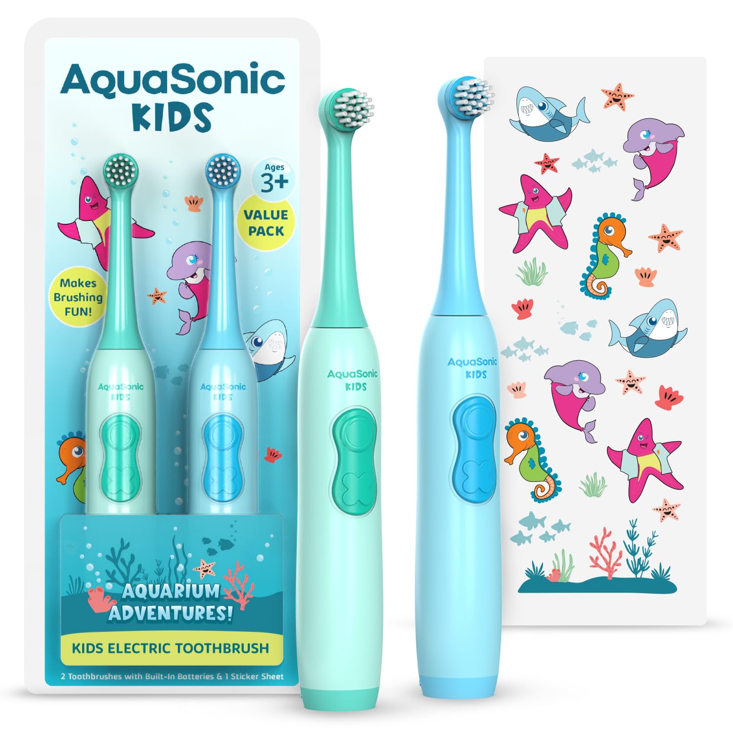 Aquasonic Kids Electric Toothbrush Set for Ages 3+ front view