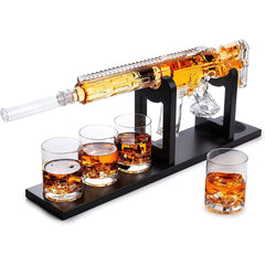 AR Limited Edition whiskey decanter set with gun decanter and four glasses on display stand