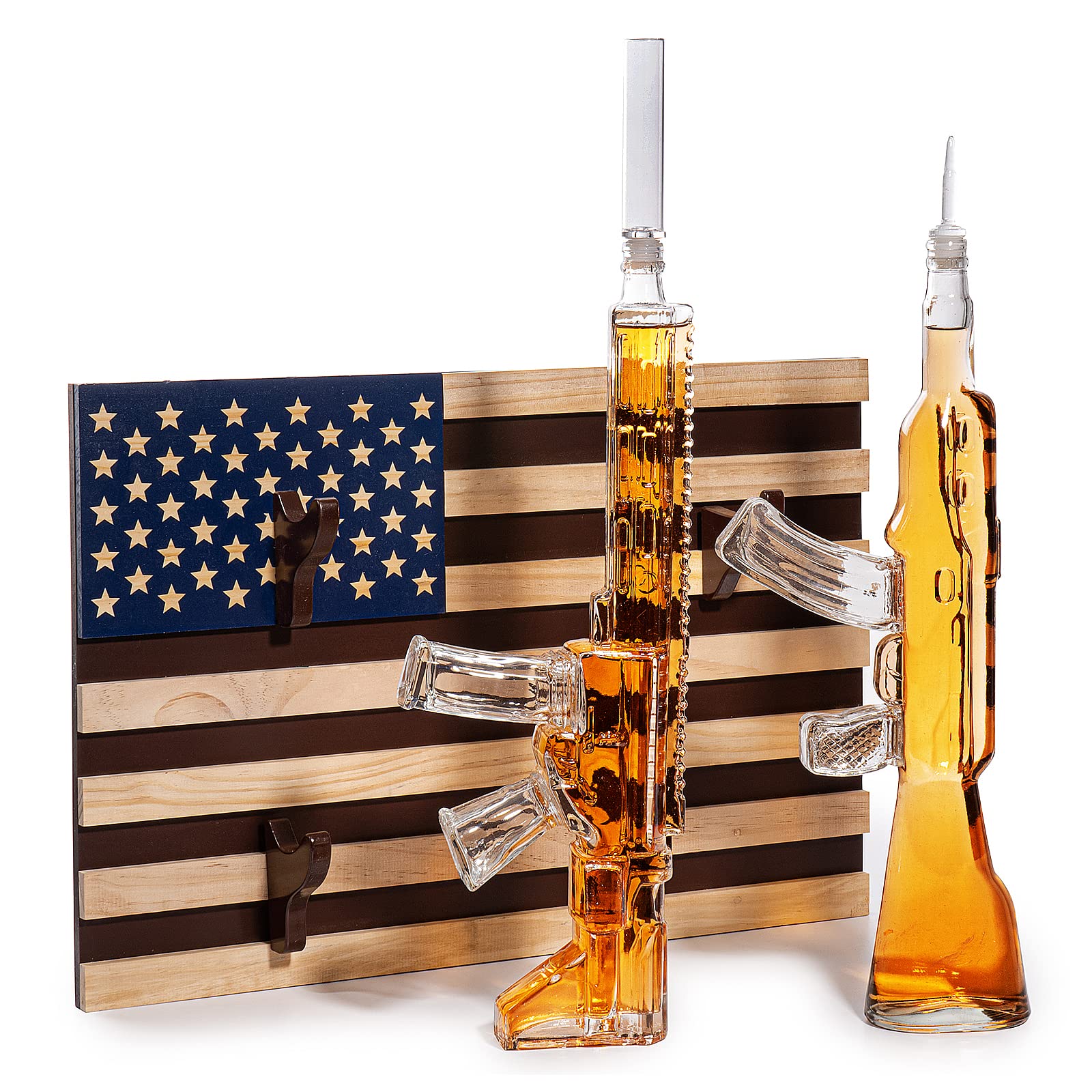 AR15 whiskey decanter 1000ml and AK47 decanter display on wall