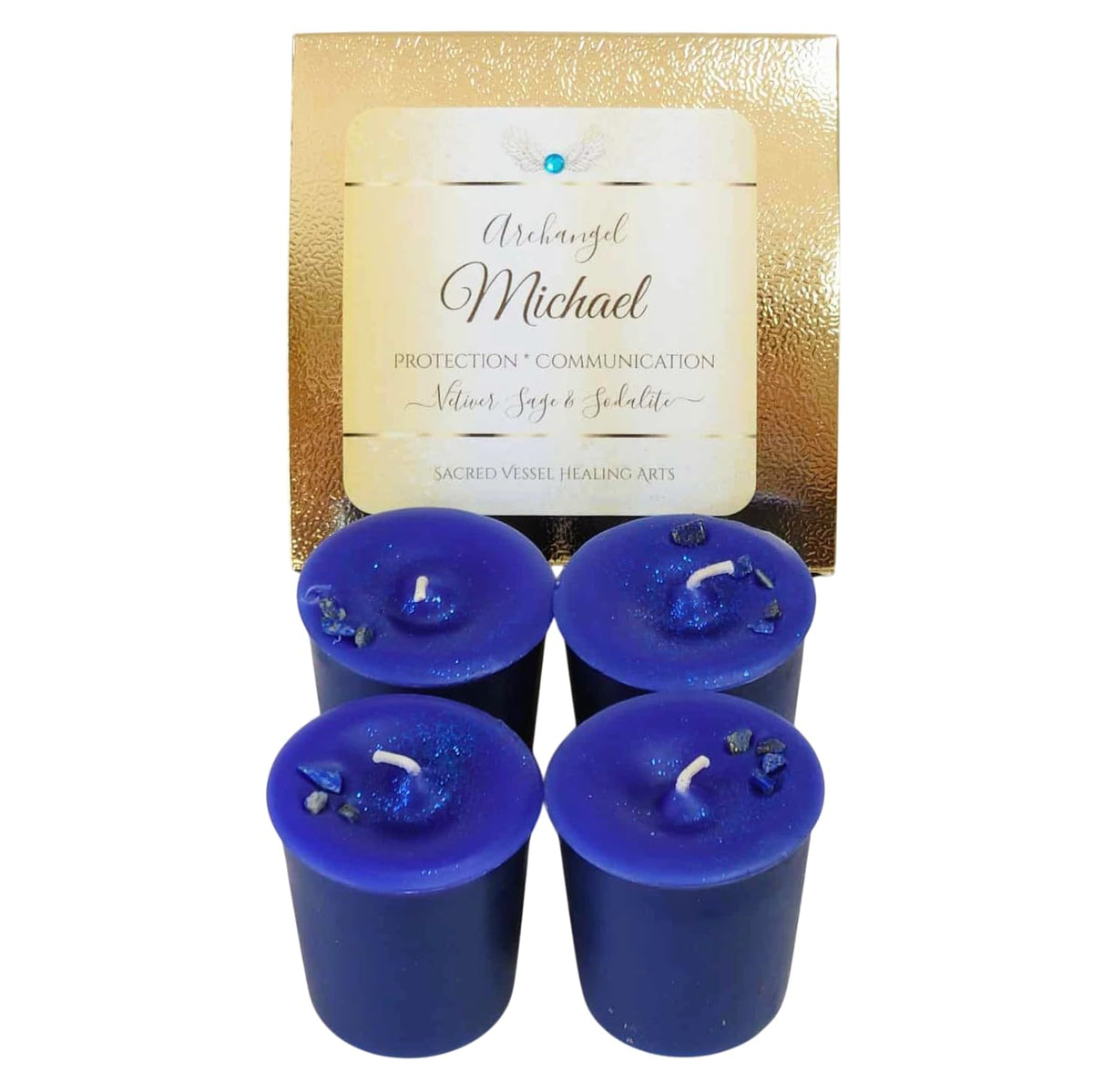 Archangel Michael box of 4 soy votive candles with gemstones