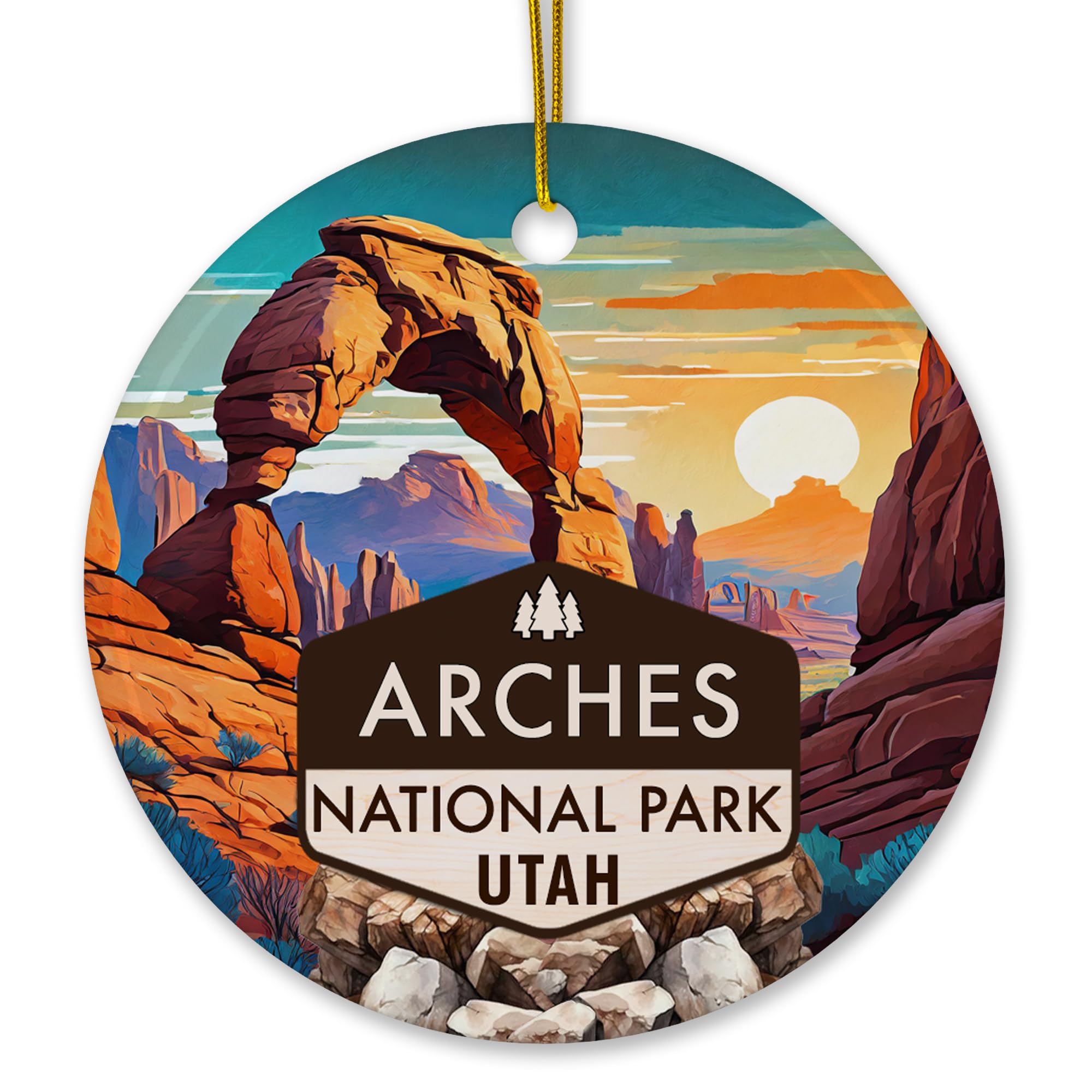 Arches National Park Utah Scene Ornament front view with red rock arches and desert sunset