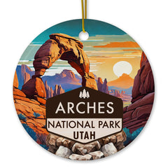 Arches National Park Utah Scene Ornament front view with red rock arches and desert sunset