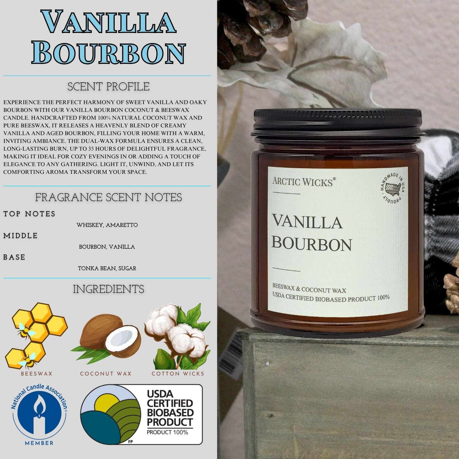 vanilla bourbon candle arctic wicks 9oz coconut beeswax