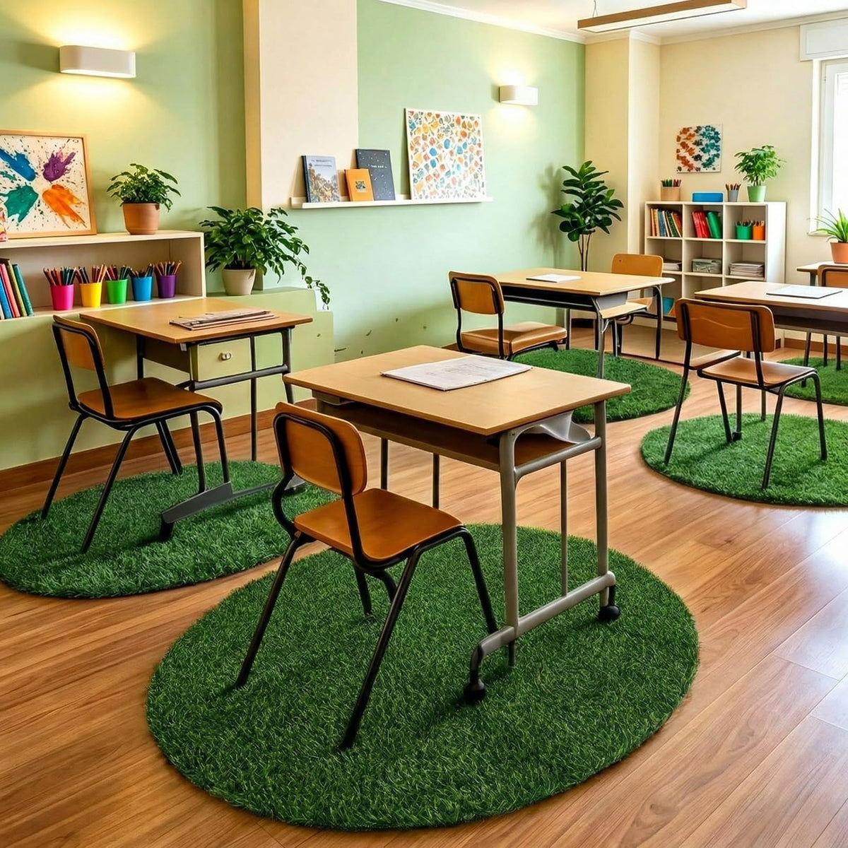 Two round artificial grass mats for classroom in green