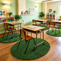 Two round artificial grass mats for classroom in green