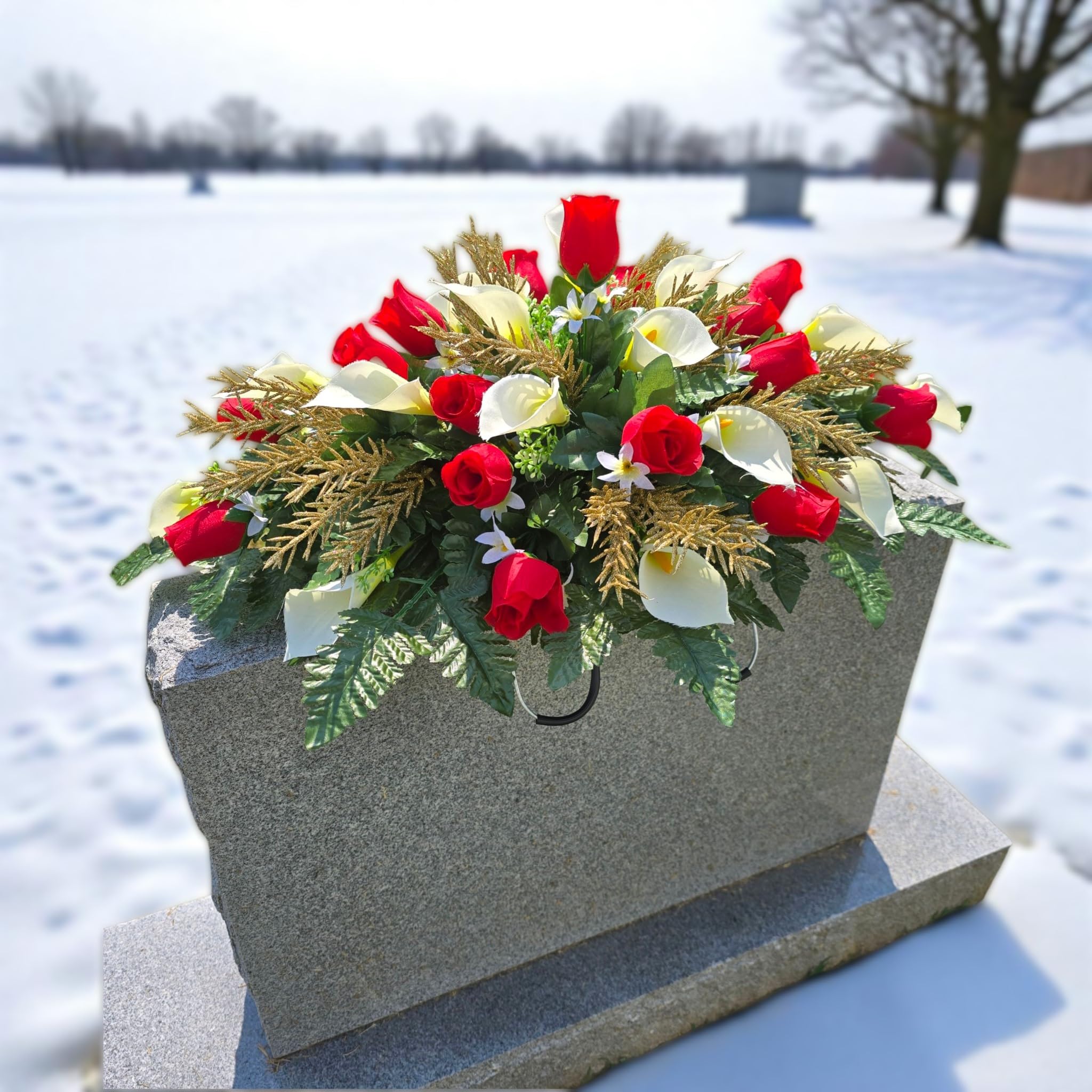Artificial grave flowers with gold glitter pine and silk fern