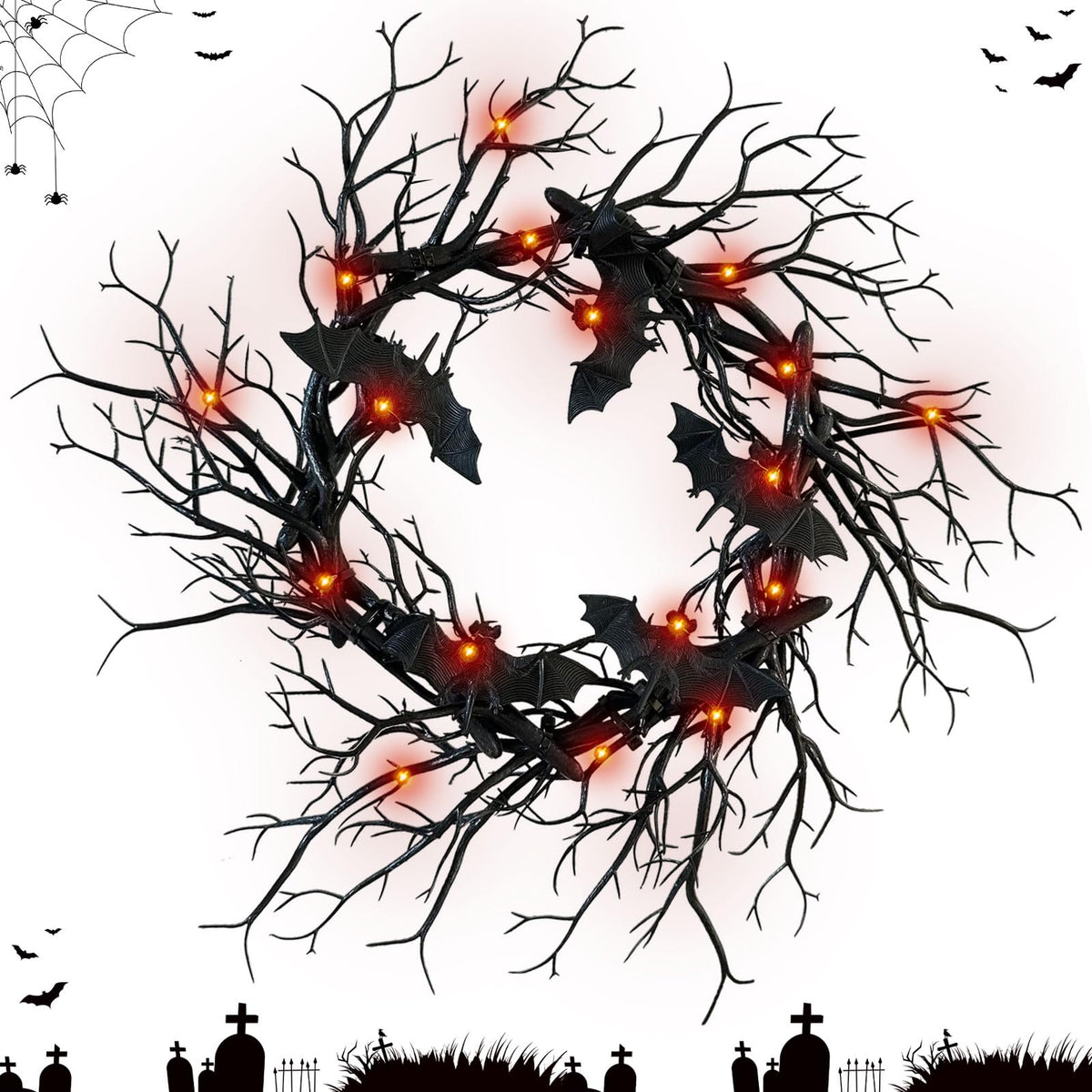 Artificial Halloween Black Branch Wreath with Bats on doorway