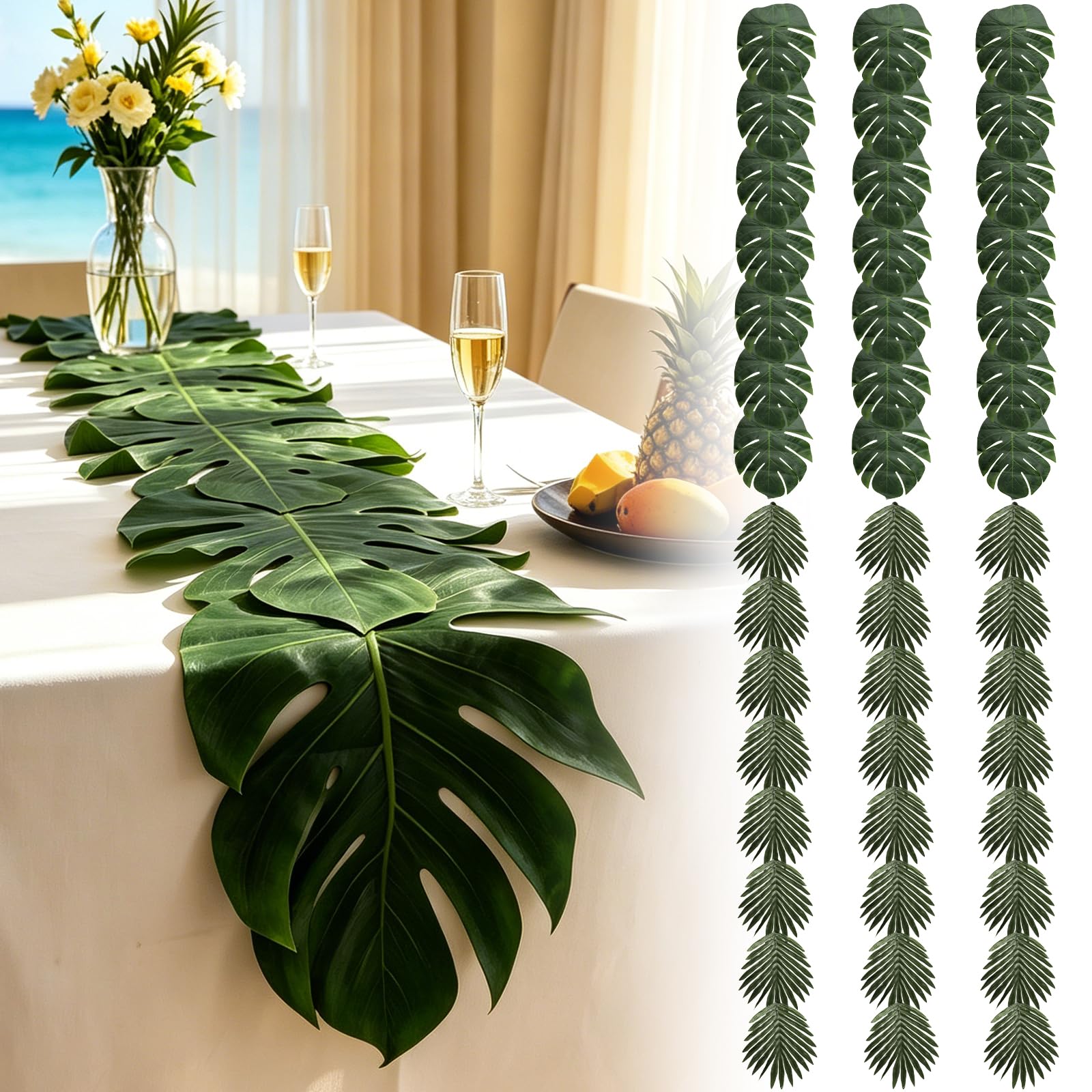 Artificial palm leaves green table runner material close up