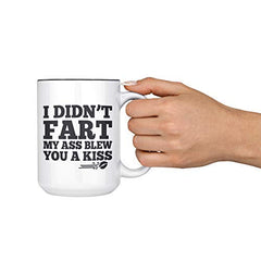 Large 15 oz mug showing fart joke design by Artisan Owl