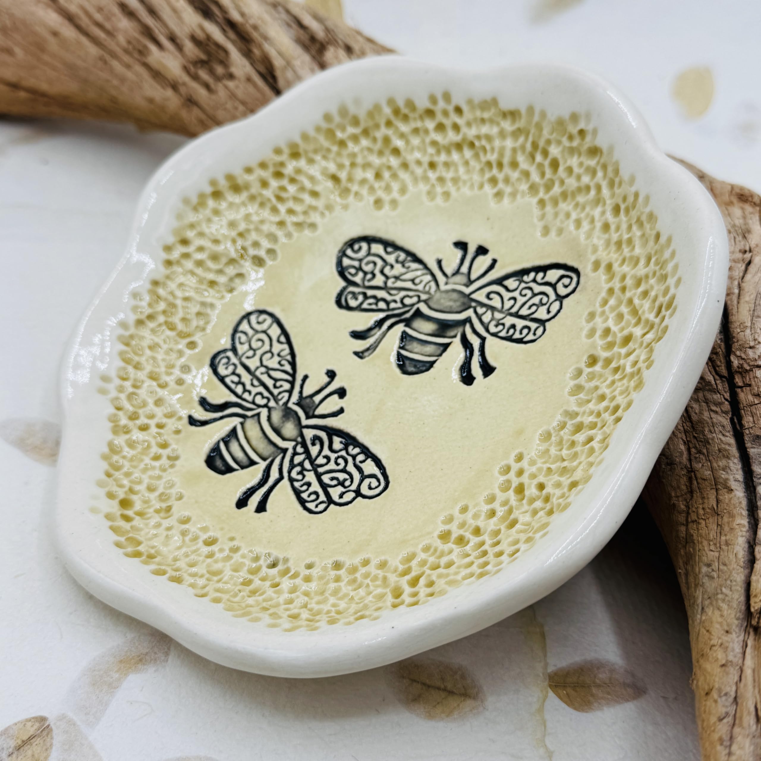 Unique handmade marks on honey bees bowl