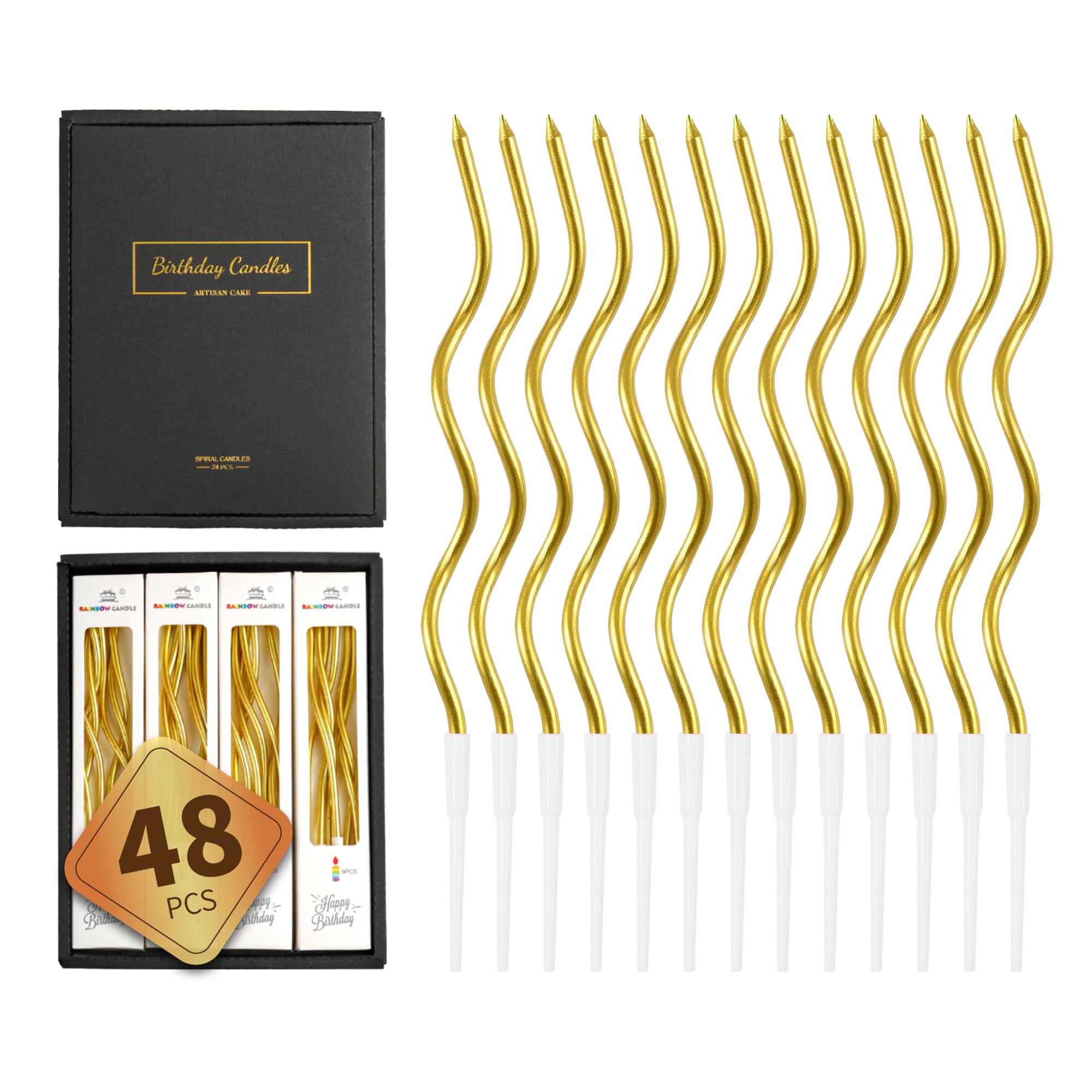 Artisan Cake 48-count gold spiral candles on cake
