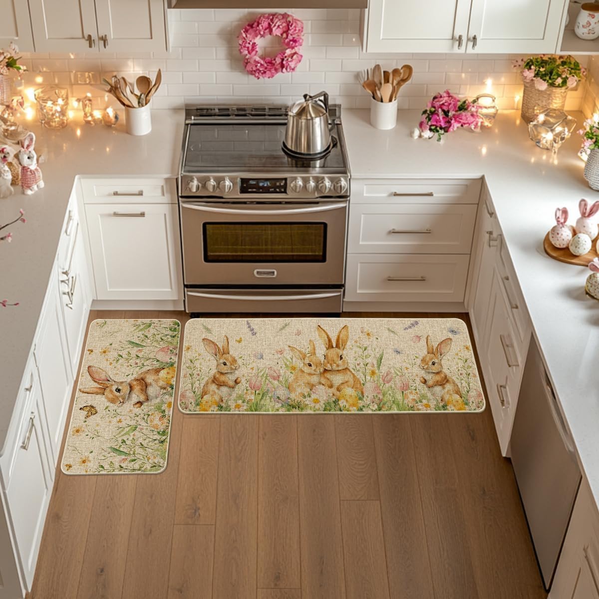 Artoid Mode Rabbit Bunny Tulip Flowers mats 17x47 inch