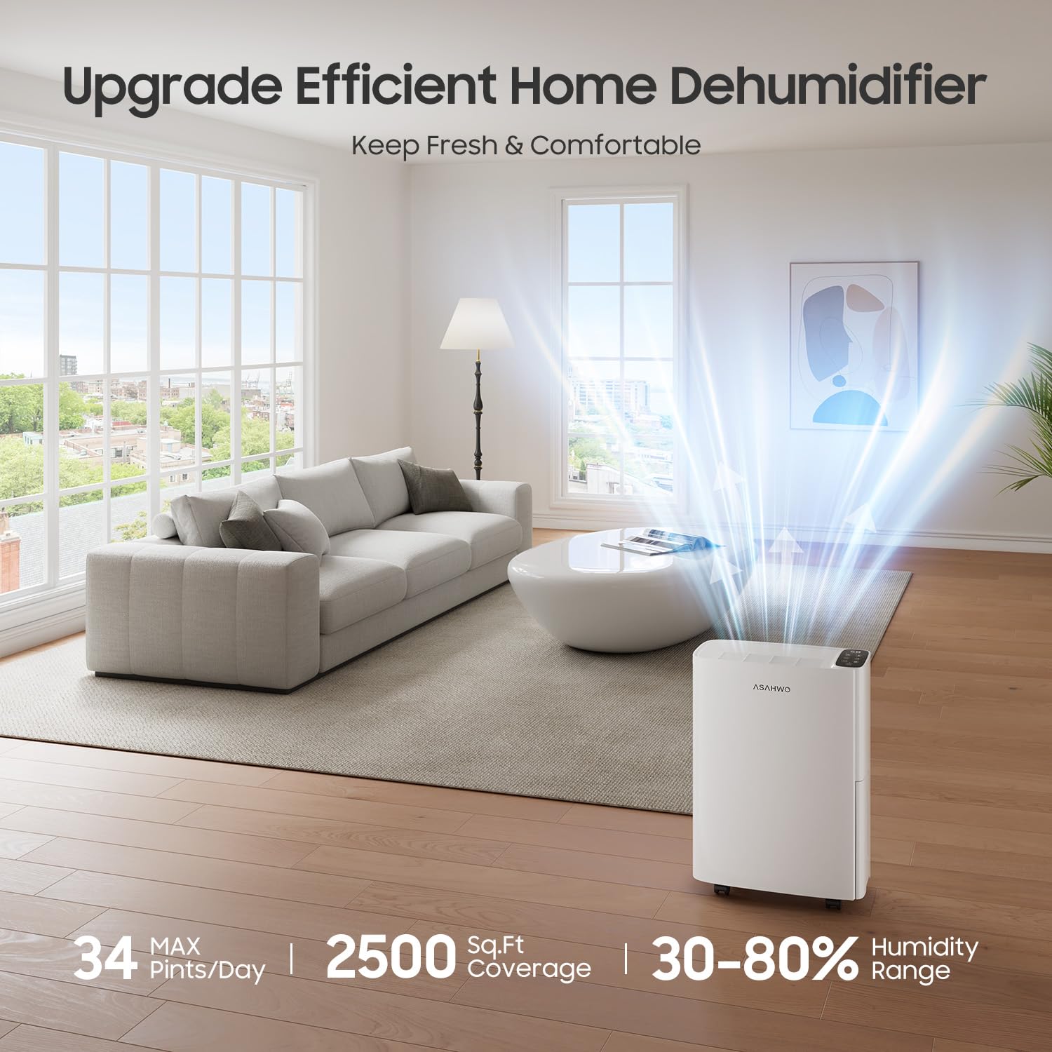 Portable basement dehumidifier with 2500 sq ft coverage