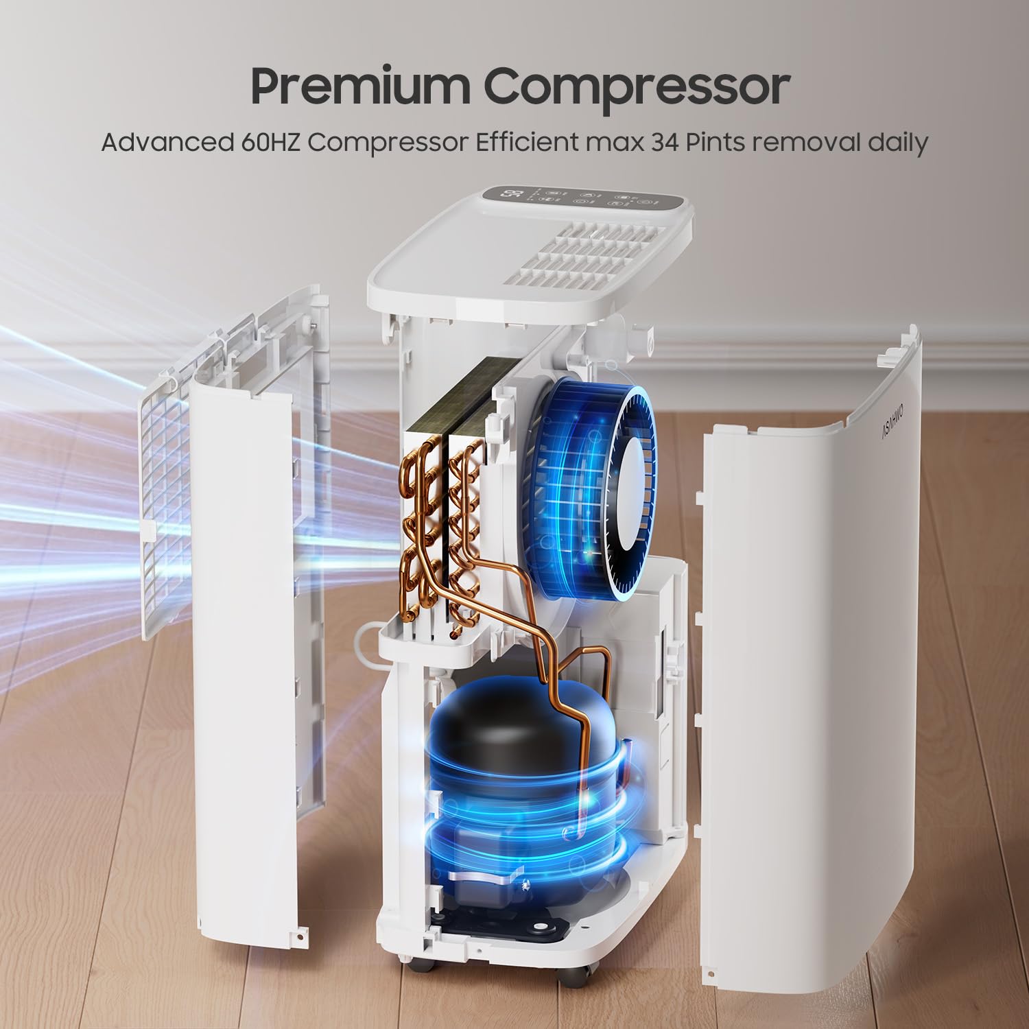 Basement dehumidifier with 6.5 ft drain hose and 0.52 gallon tank