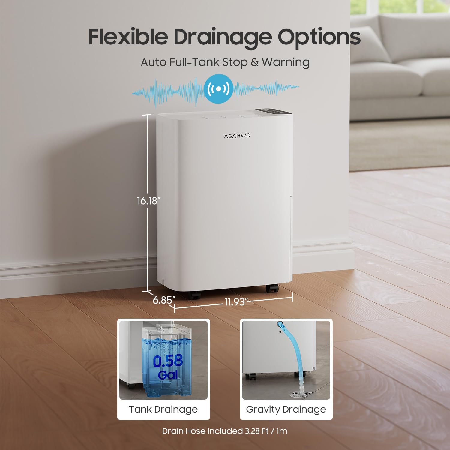 Portable dehumidifier with 360° wheels and hidden handles