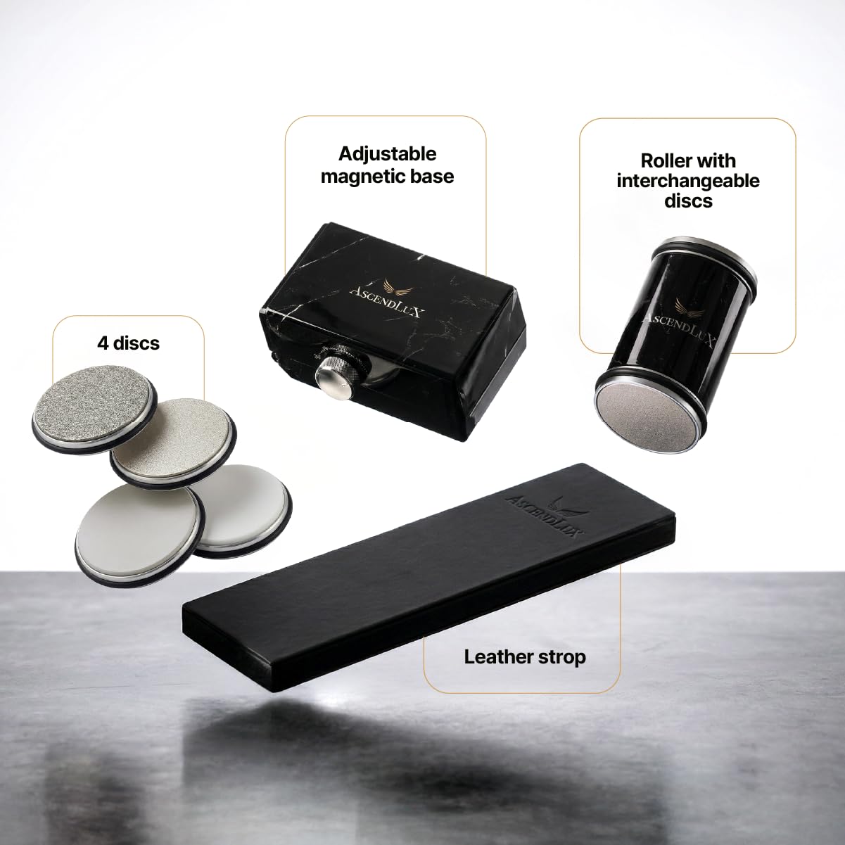 Marble rolling design knife sharpener with leather strop included