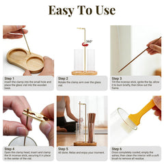 Metal clip holding incense stick on wood base