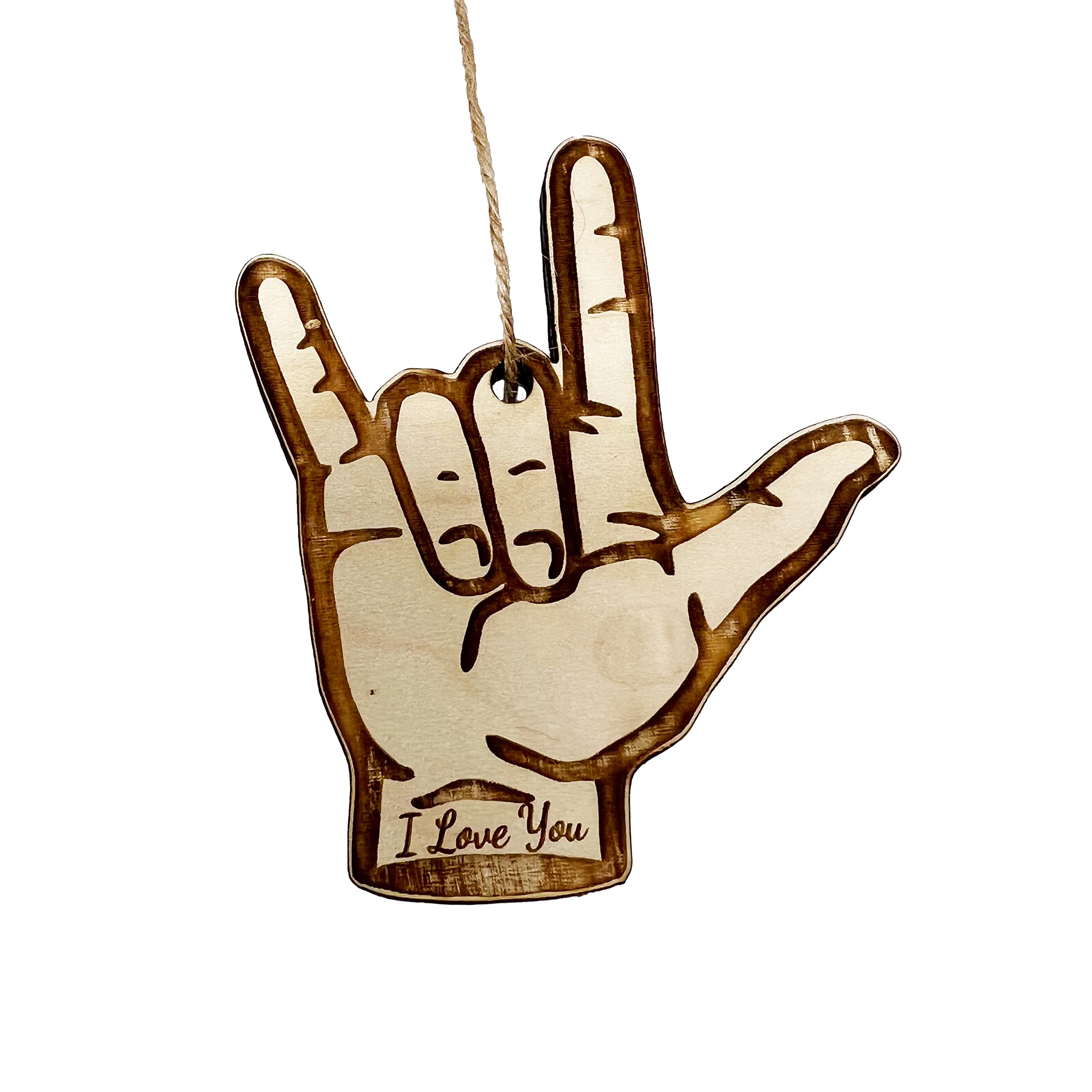 ASL I Love You Sign Language ornament made from raw maple wood