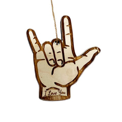 ASL I Love You Sign Language ornament made from raw maple wood