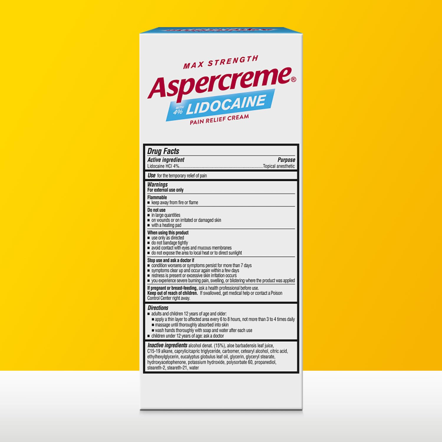 Lidocaine 4% pain relief cream by Aspercreme eucalyptus packaging
