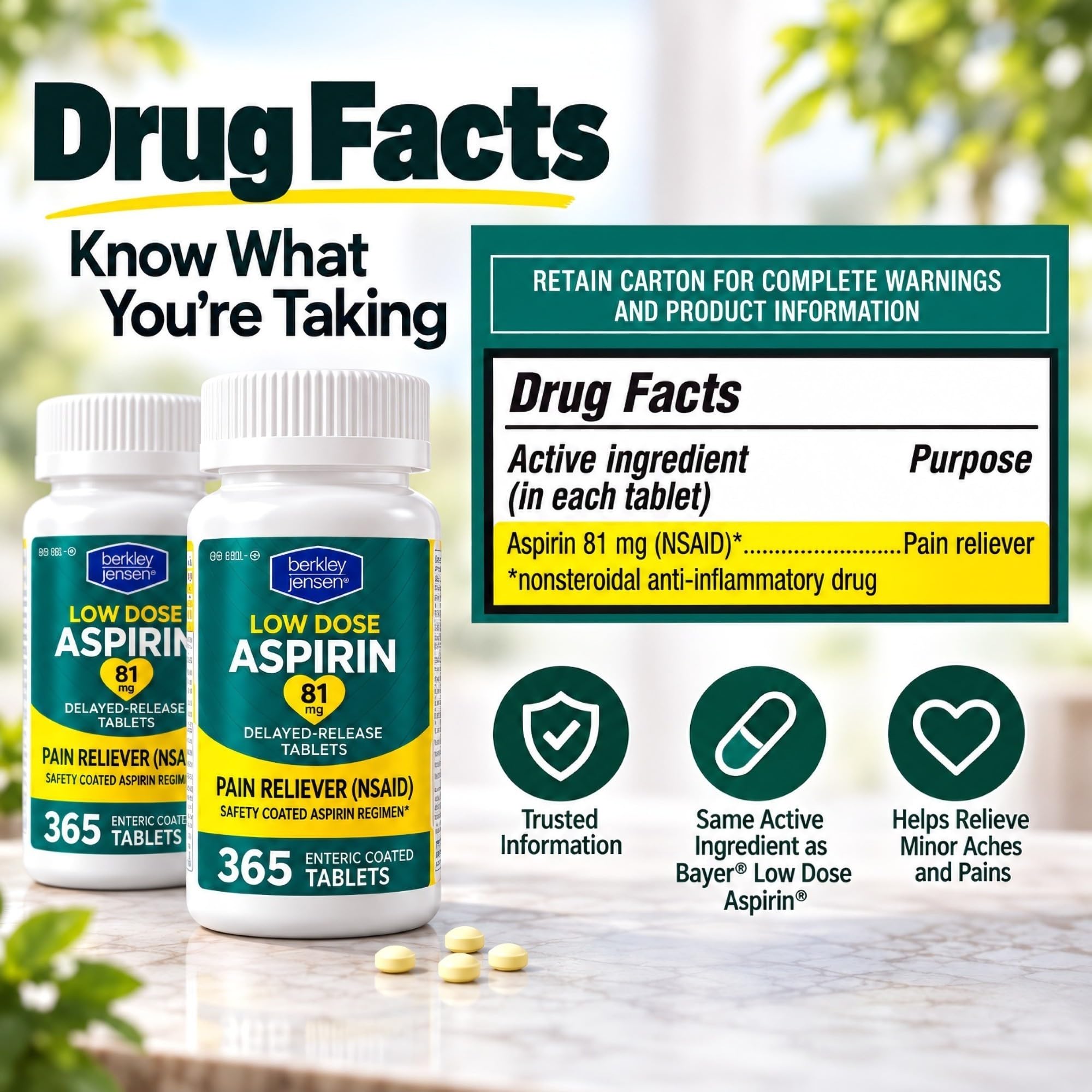 730 count Berkley Jensen aspirin 81mg enteric coated tablets