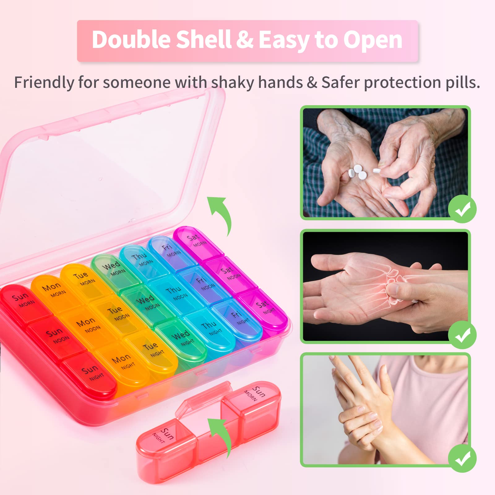 ASprink color coordinated pill box distinguishing MORN NOON NIGHT at a glance