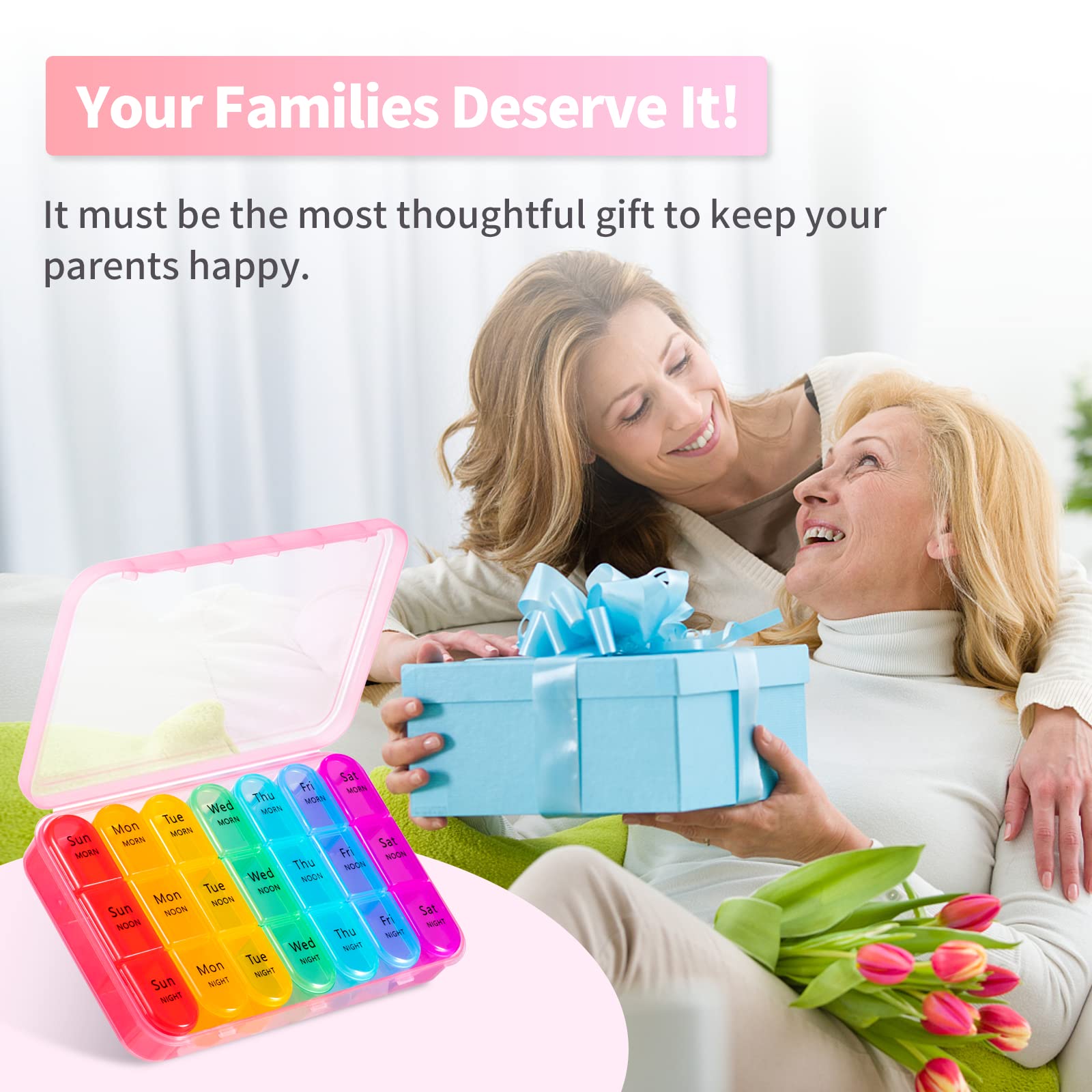 ASprink daily pill box 7 Day with seven day design and MORN NOON NIGHT labels
