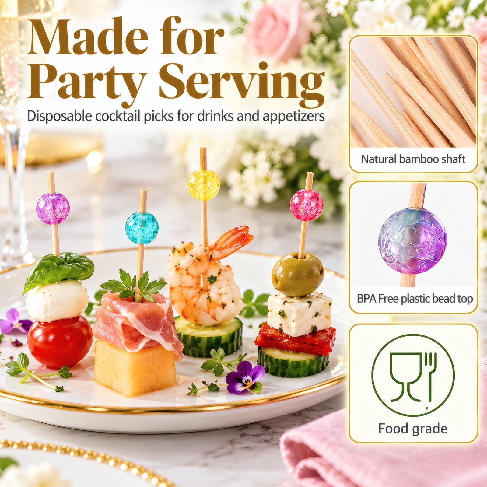 assorted color bead toppers on bamboo cocktail picks for garnishes