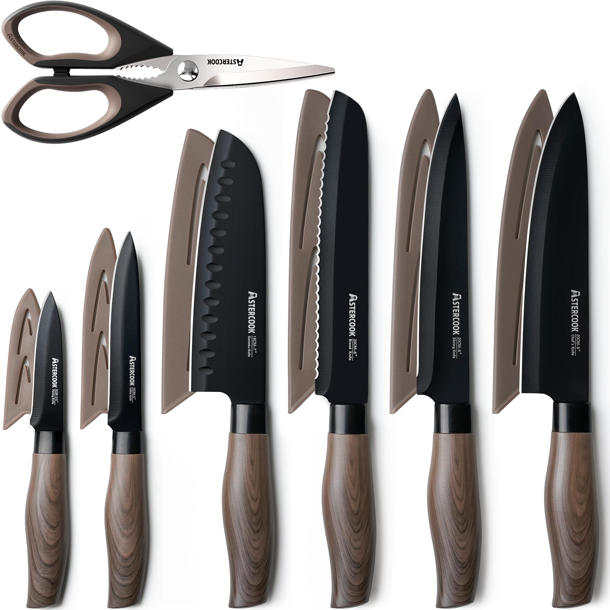 Astercook knife set with 8 inch chef knife and blade guards