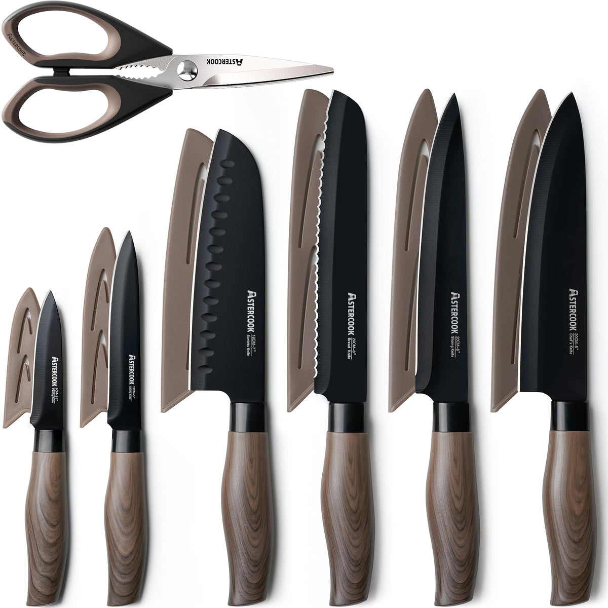 Astercook knife set with 8 inch chef knife and blade guards
