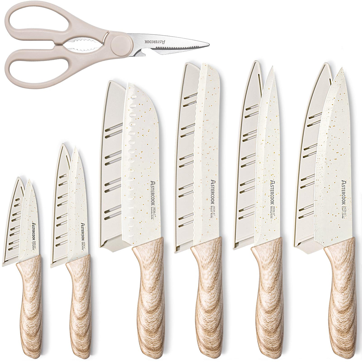Astercook knife set 13-piece with ceramic coating and plastic wood-patterned handles