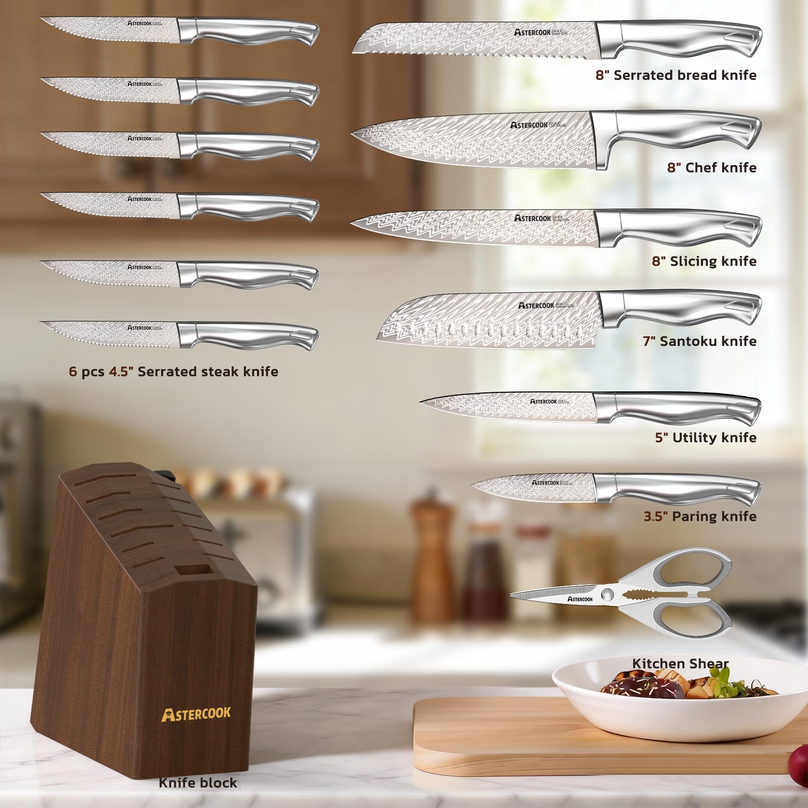 Astercook 15-piece knife set close-up of blades in block