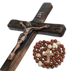 Asterom rustic crucifix wall cross with charred oak finish
