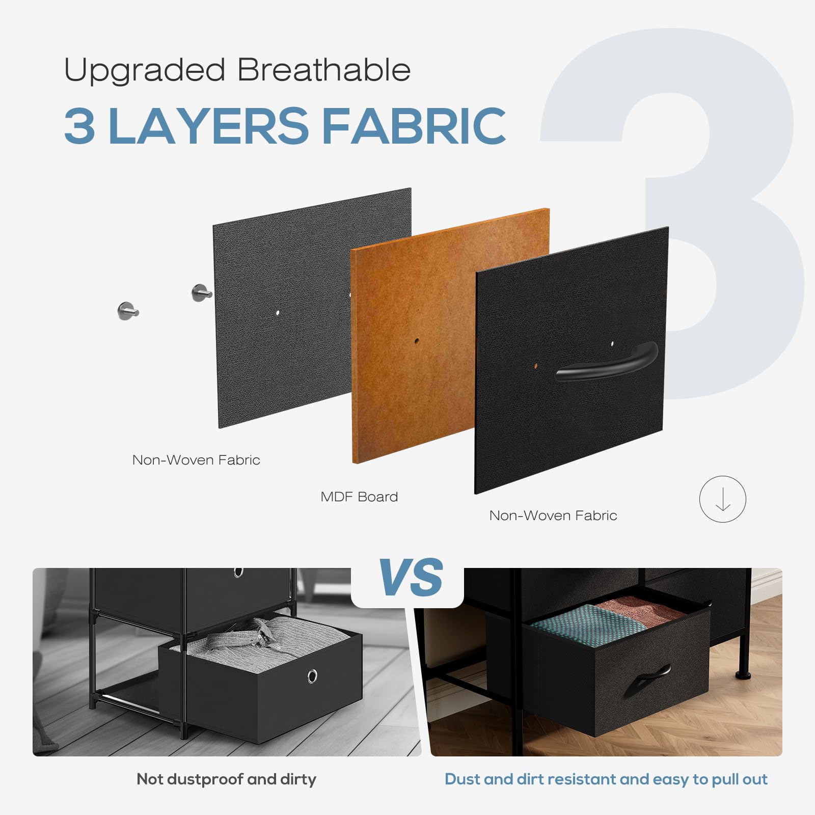 Wooden handles on fabric drawers