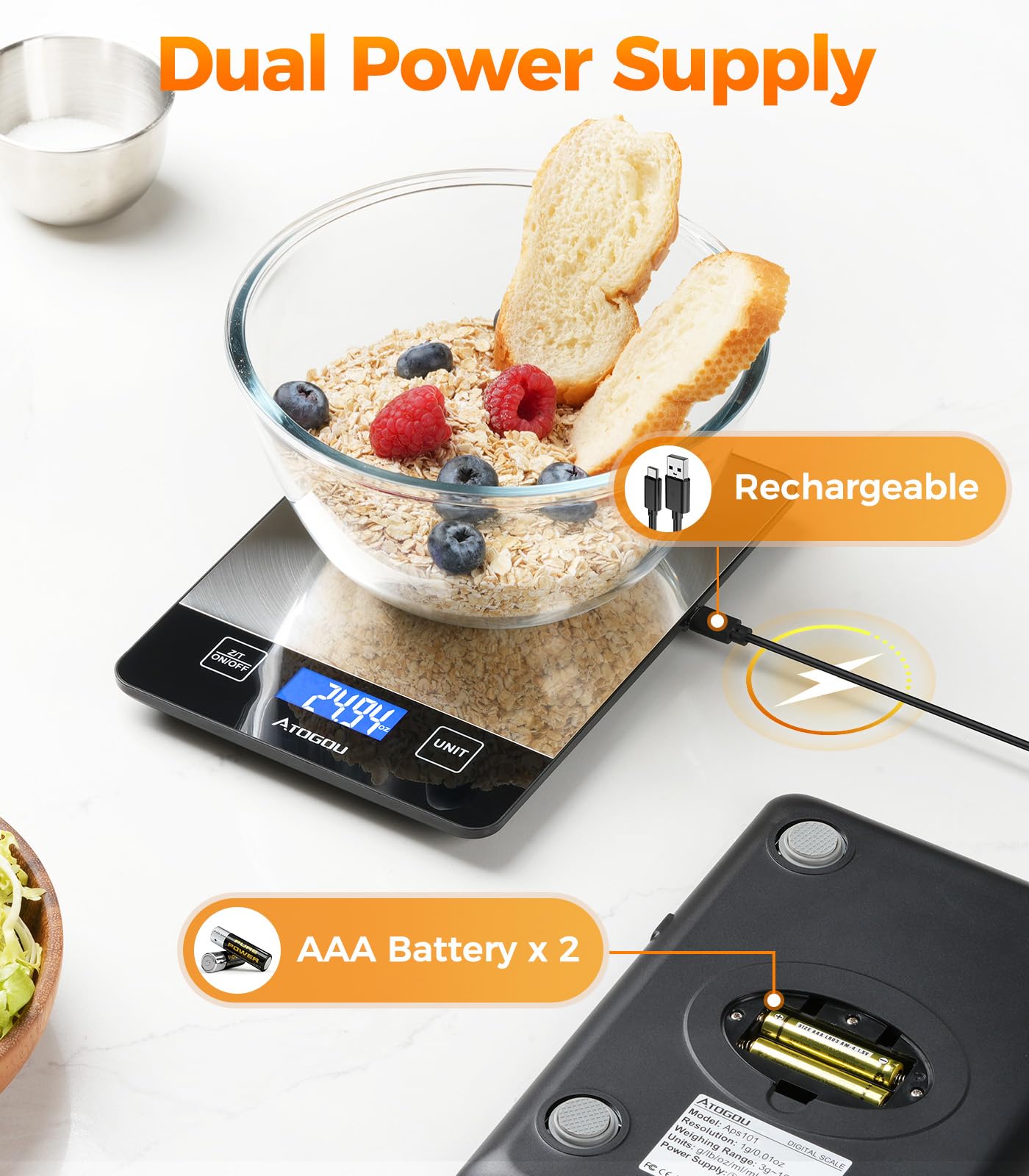 Atogou USB-C rechargeable food scale with battery option