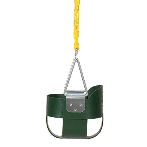 Green outdoor toddler bucket swing for backyard use