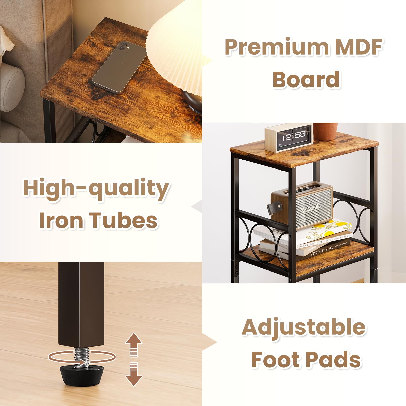 Four screw adjustable foot pads stabilize on uneven floors
