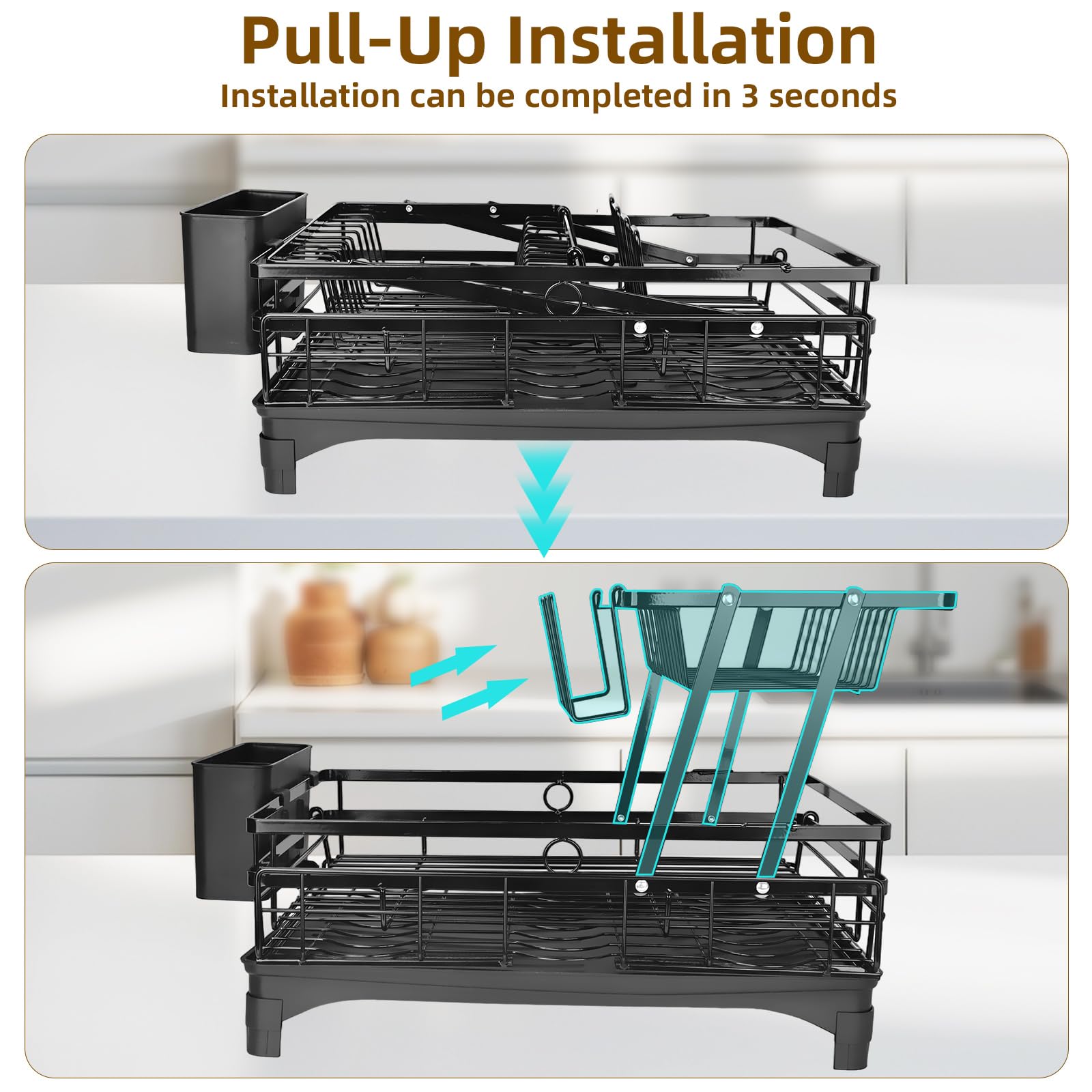Upper rack slides out for tool-free assembly with instructions