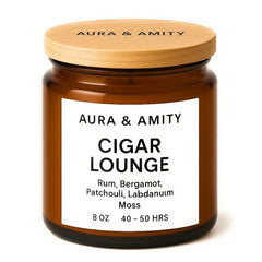Aura & Amity Cigar Lounge Soy Candle 8 oz amber jar