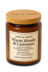 Aura & Amity Warm Woods & Cashmere soy candle 12 oz hand-poured Texas