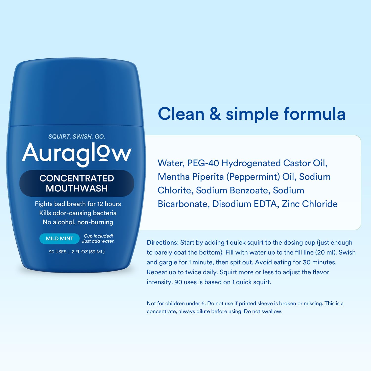 12-hour freshness Auraglow Mouthwash Concentrate in portable bottle