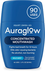 Auraglow Mouthwash Concentrate 90 uses mild mint flavor travel size bottle