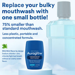 Travel size Auraglow Mouthwash Concentrate includes dosing cup