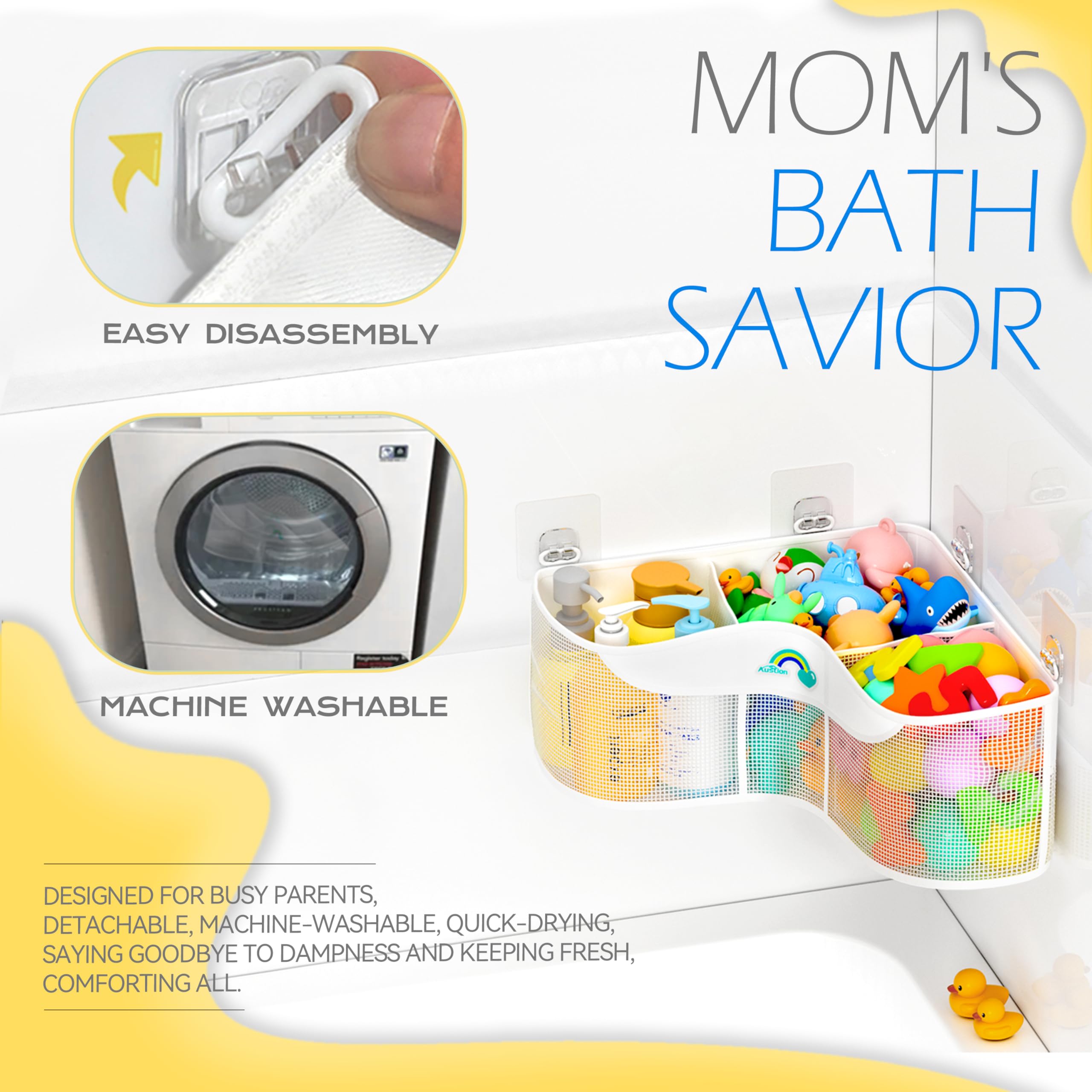 Austion corner bath toy storage with adhesive hooks