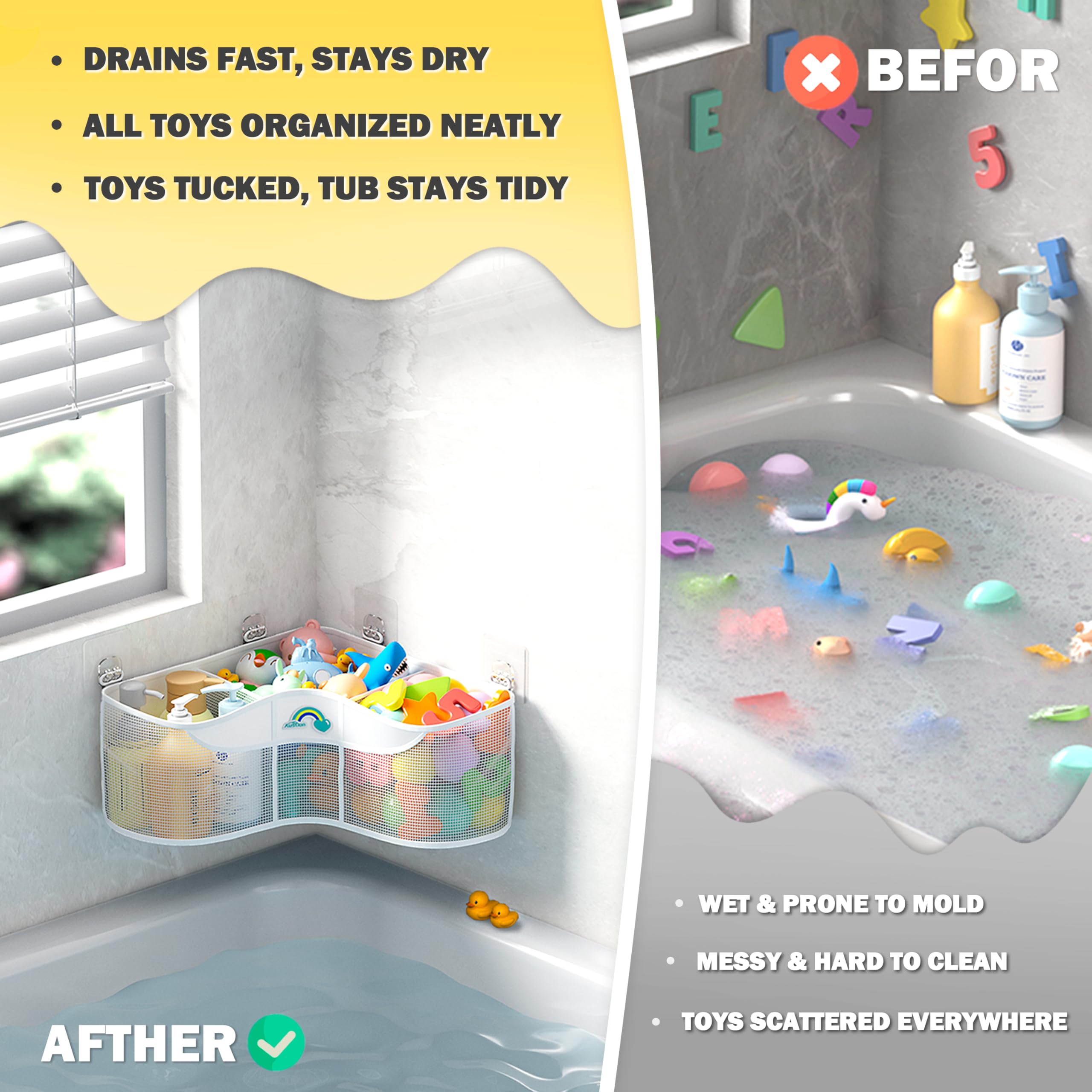Austion bath toy storage with 3 sorting zones